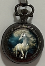 White Horse Themed Quartz Pocket Watch Black Pocket Chain Men Women Gift... - $12.52