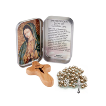 Our Lady of Guadalupe Shrine Tin with Wooden Prayer Cross &amp; Gold Rosary Catholic - £12.76 GBP