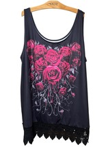 Gothic Black Tank Top Dripping Rose Crochet Lace Hem 8XL Dark Fairy Summ... - $9.85