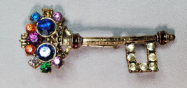Colorful Key Pin Rhinestones Antiqued Goldtone Vintage Fashion Jewelry E... - £9.26 GBP