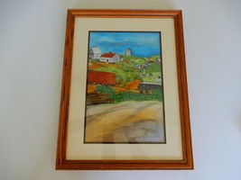 Vtg framed &amp; matted pastel drawing pastoral country farm railroad train ... - £19.93 GBP