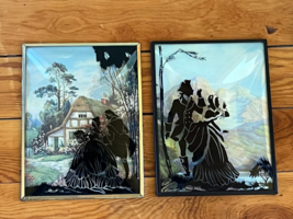Vintage Lot of Black Silhouette Couple w Mountain Scene &amp; English Cottage Under - £11.69 GBP