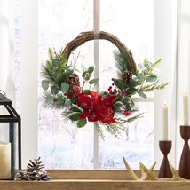 Potvin 23.5&quot; Eucalyptus Artificial Half Wreath With Poinsettia And Berries, Gree - £49.34 GBP
