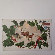 Christmas Joys Greeting Reindeer Snow Winter Holly Berries Vintage Postcard 1909 - £13.45 GBP