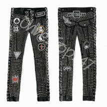 New Women Punk Rock Black Full Silver Studded Patches Unique Biker Leather Pant - £263.77 GBP