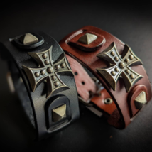 Viking Celtic Cross Cosplay Themed Bracelet - Leather Cuff, Steampunk Bracelet,  - £27.14 GBP