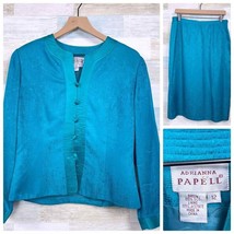 Adrianna Papell Silk Satin Skirt Suit Blue Lined Vintage Asian Theme Womens 12 - £70.08 GBP