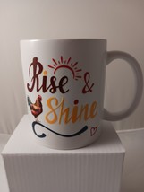 White Coffee Mug UV DTF Sticker Applied, 11oz, Rise &amp; Shine - $12.43
