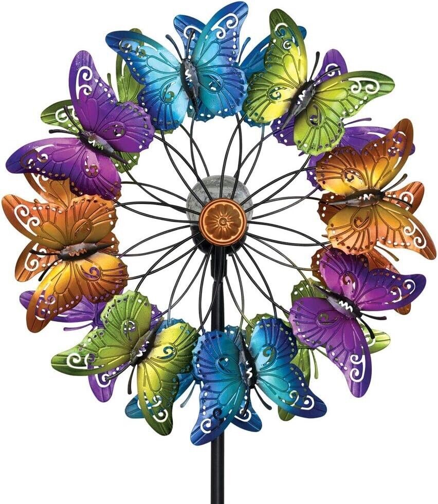 75"H Solar Lighted Multicolor Metallic Butterflies Butterfly Garden Wind Spinner - £73.21 GBP