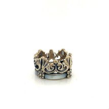 Vintage Sterling Sign 925 Inlay Mother of Pearl Royal Crown Cut Out Ring Band 7 - £38.63 GBP