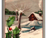 A Merry Christmas Winter Landscape Cabin Holly Embossed DB Postcard R30 - $4.90