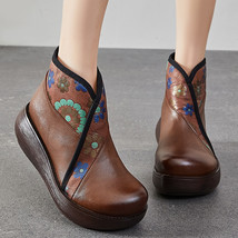 Autumn Winter Shoes Women Boots Genuine Leather Round Toe Retro Print Zip Sewing - £75.26 GBP