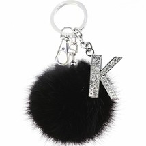 Fur Ball Keychain Crystal Letter Faux Rabbit Fluffy Black PomPom Ring Key Holder - £16.07 GBP