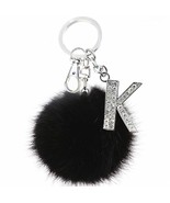 Fur Ball Keychain Crystal Letter Faux Rabbit Fluffy Black PomPom Ring Ke... - £15.92 GBP