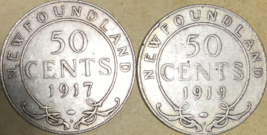 1917 1919 Newfoundland Silver 50 Cents - Lot Of 2 Coins - £34.23 GBP