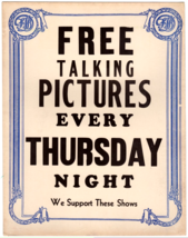 FREE TALKING PICTURES EVERY THURSDAY NIGHT Vintage Original Poster c.1930s - $125.00