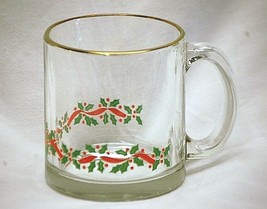 Old Vintage Heavy Christmas Holly Berry Clear Eggnog Cup Mug Gold Trim X... - $12.86