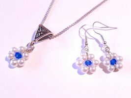 Flower pearl silver jewelry set boho forget me not jewelry set earrings ... - $52.00