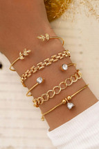 Gold Leaves Heart Shape Rhinestone Inlay Adjustable Bracelet Set - $18.74