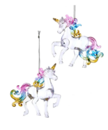KURT ADLER SET OF 2 CLEAR ACRYLIC PASTEL UNICORN CHRISTMAS ORNAMENTS T3242 - $22.13 CAD