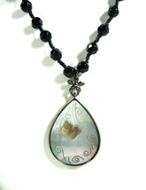 Abalone Necklace Teardrop Butterfly Pendant Black Glass Beads Vintage Monet - $26.72