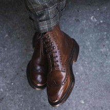 Handmade Men&#39;s Brown wingtip brogue leather dress boots, Men brown ankle... - $179.99