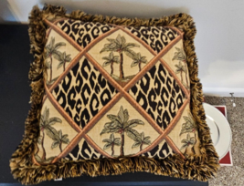 Tropical Paradise Palm Trees and Animal Print Tapestry Pillow Fringe 14&quot; x 14&quot; - £9.41 GBP