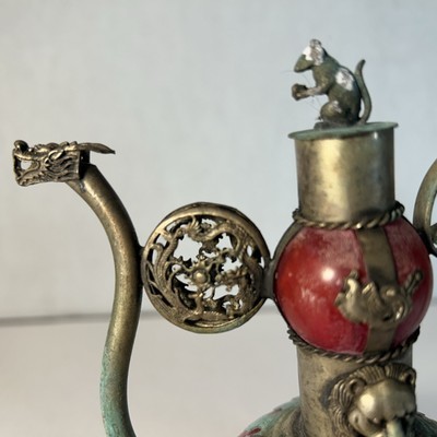 Vintage Tibetan Teapot with Patina | Metal Animal Decor | Marked Base Item image 2