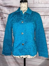 Chicos 0 Denim Jacket Women S Teal Blue Floral Embroidery Button Cotton Stretch - £14.15 GBP