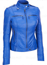 NEW HANDMADE WOMEN BLUE LEATHER JACKET WOMEN BIKER LEATHER JACKET-70 - $167.39+