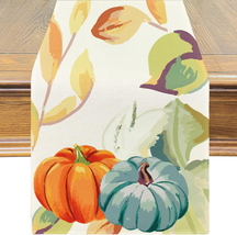 Fall Table Runner Autumn Pumpkins Orange Blue Maple Leaves Table Decor Thanksgiv - $20.24