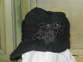 ladies&#39; BEANIE knit hat black w/3 in. visor ribbon flowers sequins (cloth bx 2) - £6.32 GBP