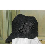 ladies&#39; BEANIE knit hat black w/3 in. visor ribbon flowers sequins (clot... - £6.23 GBP