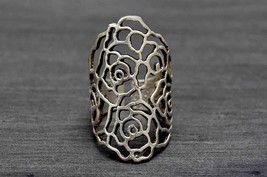 Bohemian Floral Ring, Tribal Ethnic Ring, Large Band in Antique Silver - £14.23 GBP