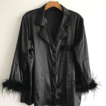 Black Satin Pajama Top M Ostrich Feather Cuffs Rich Girl Black Satin But... - $22.98