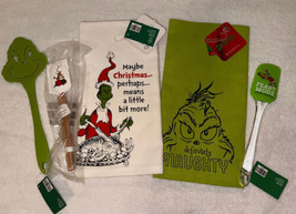 2 GRINCH Christmas Dish Towels Mini &amp; Large Spatulas Face Shape Turner 6pcs New - £46.98 GBP