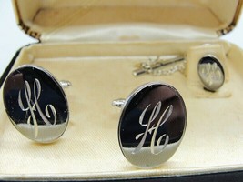 &quot;H&quot; Initial Sears Cufflink Set Tie Tack Silver Tone Award Collection Vtg IOB - £27.14 GBP