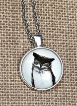 Spooky Owl Round Glass Dome Pendant Silver Tone Necklace Halloween Dark Academia - £4.74 GBP