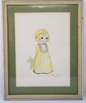 Young Girl Yellow Nightgown Teddy Bear Bob Hair 1960s Vintage Framed Watercolor - £29.89 GBP