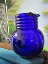 COBALT BLUE GLASS PITCHER JUG FREE FORM RIGAREE HANDKERCHIEF VASE RARE P... - £50.96 GBP