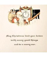 C1940s Christmas Greeting Card Used Santa Claus Toy Bag Grandfather Cloc... - $27.15 CAD