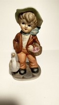 Vintage Bisque Porcelain Boy with Hat Holding Basket With Goose Figurine - $6.90