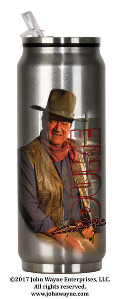 Primary image for John Wayne Western Cowboy Image Stainless Steel Can Mug with Straw, NEW UNUSED