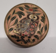 Enameled Solid Brass Lidded Trinket Dish/Box With Owl Decor Vintage - £7.72 GBP