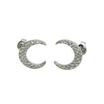 Sterling Silver 925 Rhodium Plated Crescent Moon Stud Earrings with CZ - £19.83 GBP