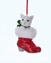 Kurt Adler 3.25&quot; Resin White Kitten In Shoe Ankle Boot Christmas Ornament - £7.89 GBP