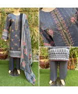 Pakistani Gray Printed Straight Shirt 3-PCS Lawn Suit w/ Thread work ,XL - $1,056.45 MXN