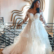 Plus Size A-line Wedding Dress Illusion Long Sleeves Lace Appliques Brid... - $179.00
