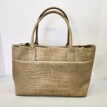 Claudia Firenze Italian Leather Croco Embossed Tote Bag Tan Gold Zip Made Italy - £22.22 GBP