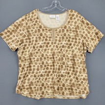 Liz Claiborne Women Shirt Size 3X Tan Stretch Preppy Giraffe Short Sleeve Button - £9.86 GBP